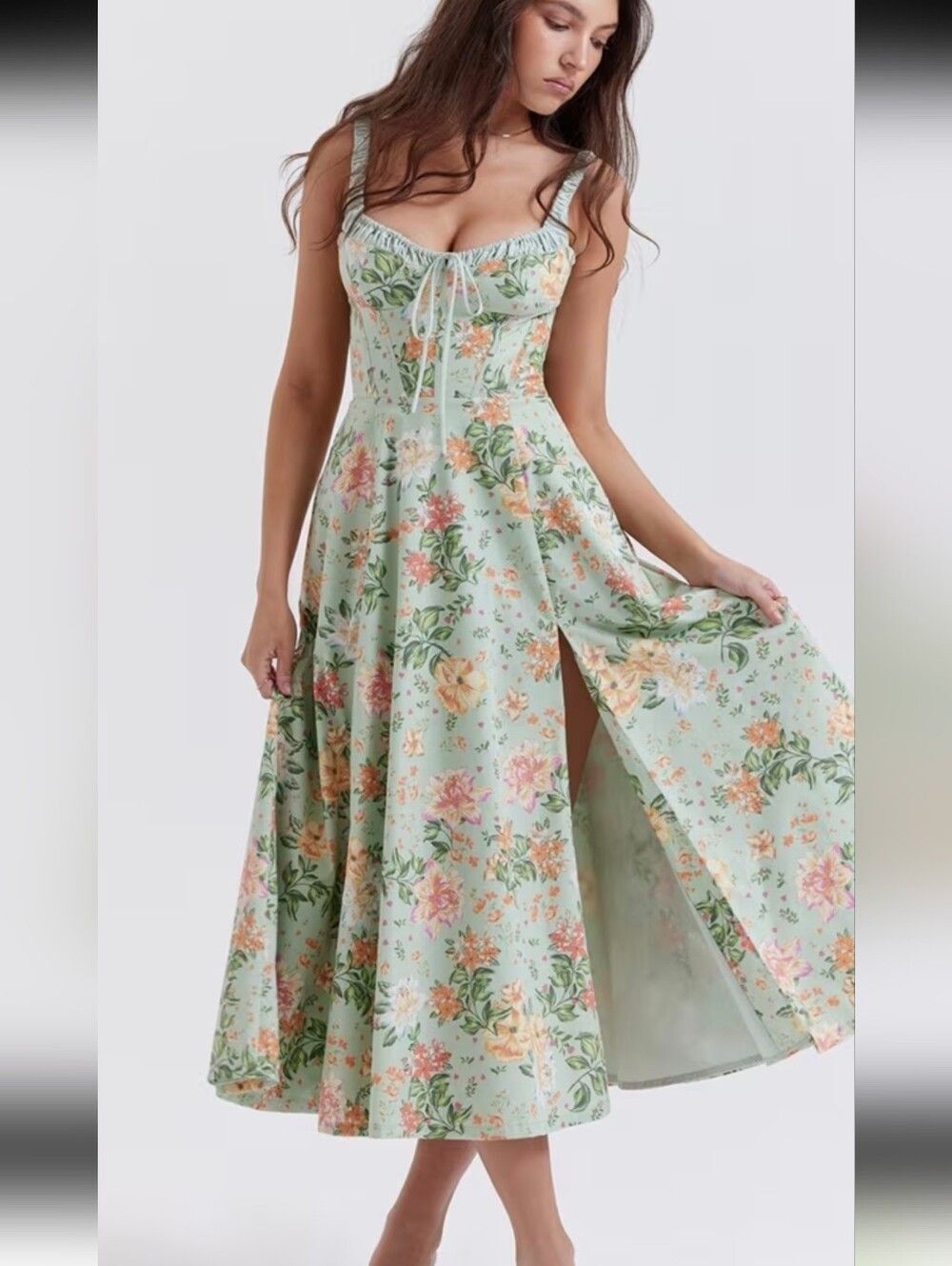 💥3/$180💥Princess Fit Midi Floral Corset Dress - Pastel Green Peach Sz S M L